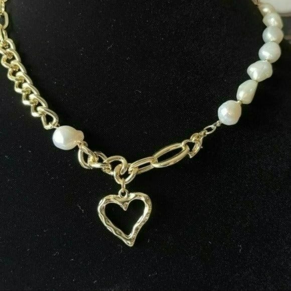 Gold Plated Cultured Freshwater‎ Pearl Beaded Heart Pendant Necklace 17in - Picture 7 of 9